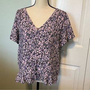 Wrangler Large Pink Silver Button Front‎ V-neck Short Sleeve Shirt Blouse Top